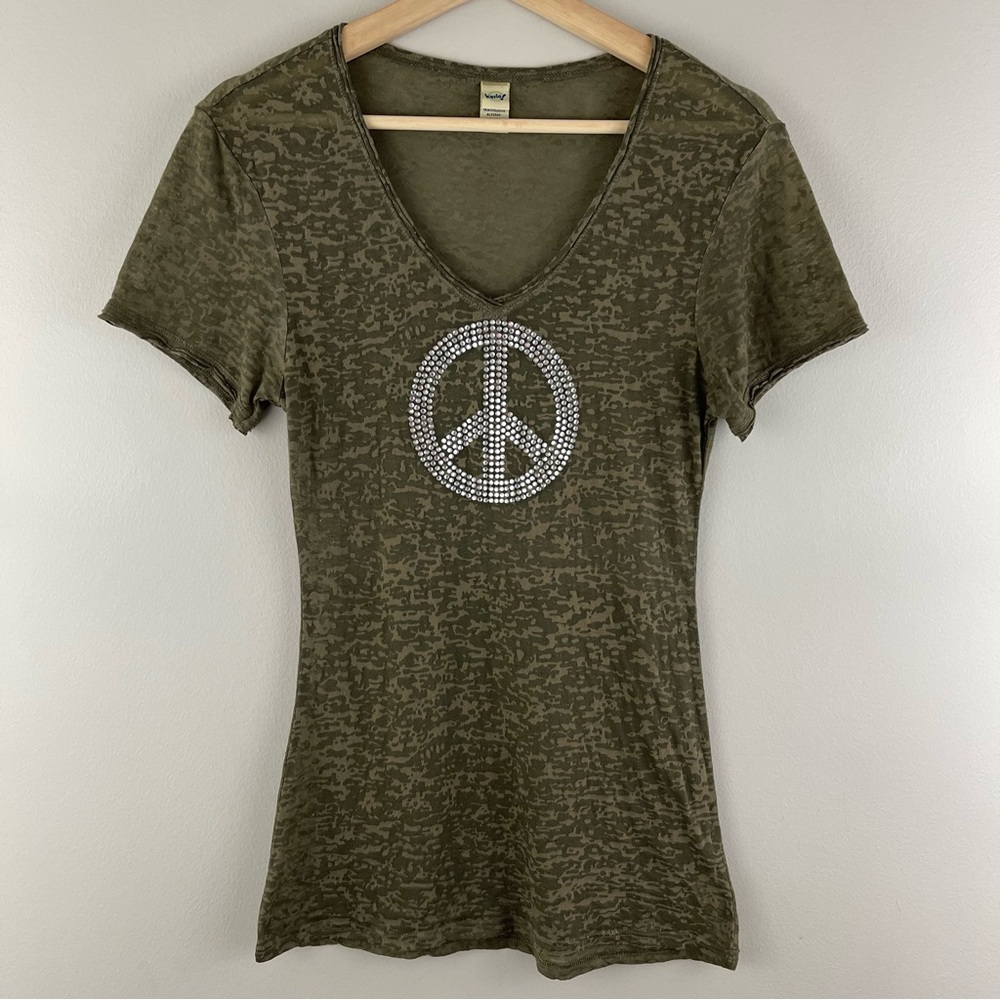 Vintage Y2K Army Green Sheer Burnout V Neck Peace Sign Rhinestone Graphic Tee